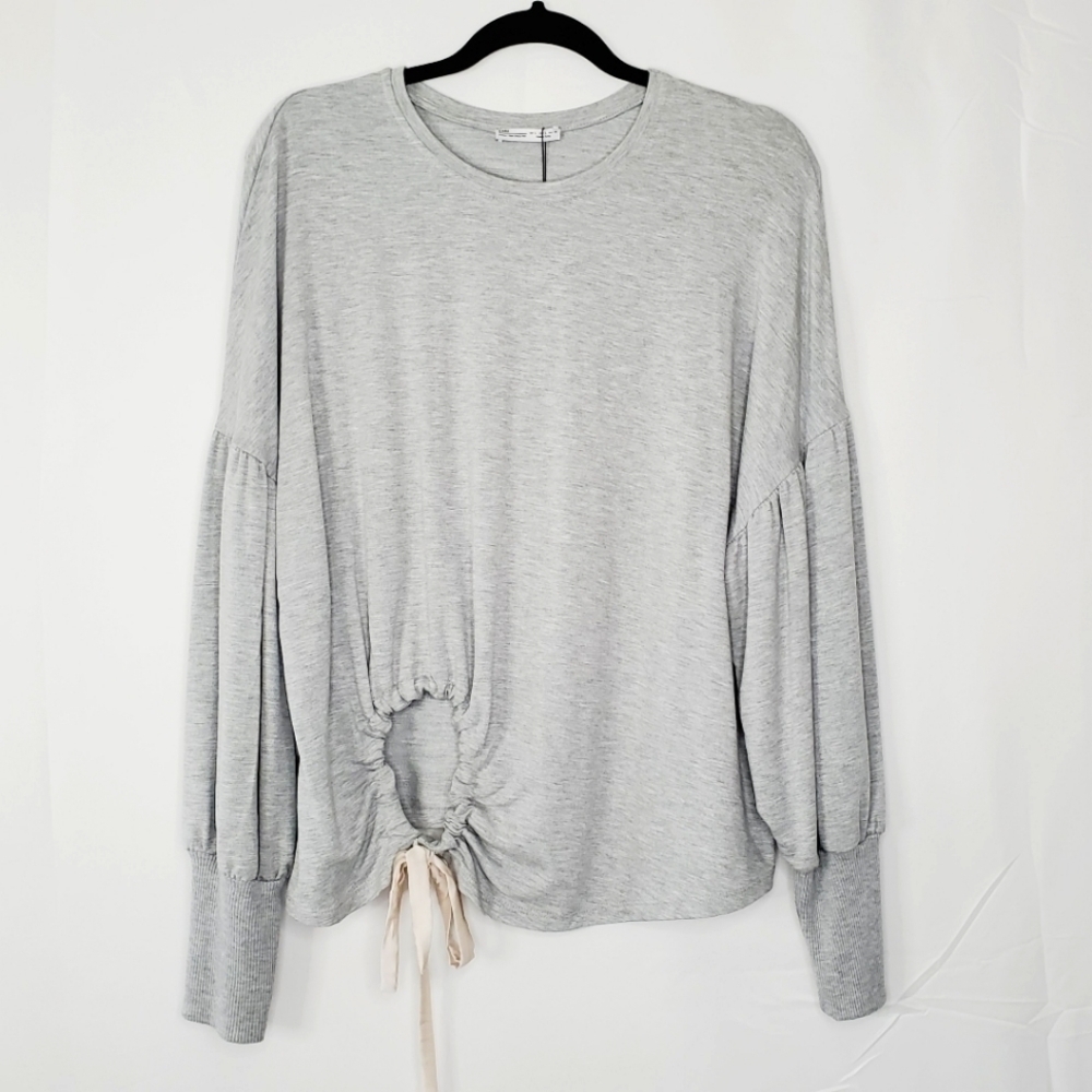 Zara Puff Sleeve Tie Front Sweatshirt Size L Lightweight Cutout Pullover NEW